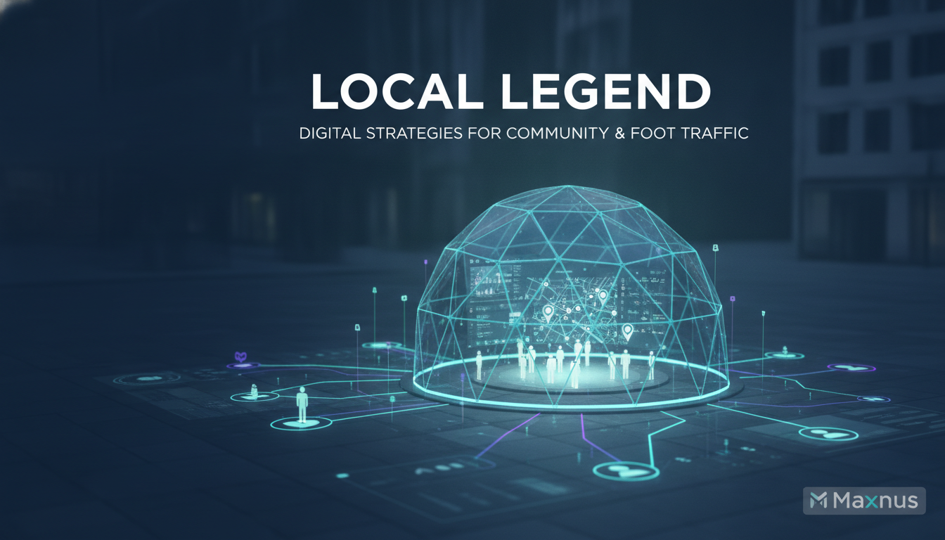 Digital illustration of a vibrant local community with small businesses and people interacting, symbolizing local community engagement.