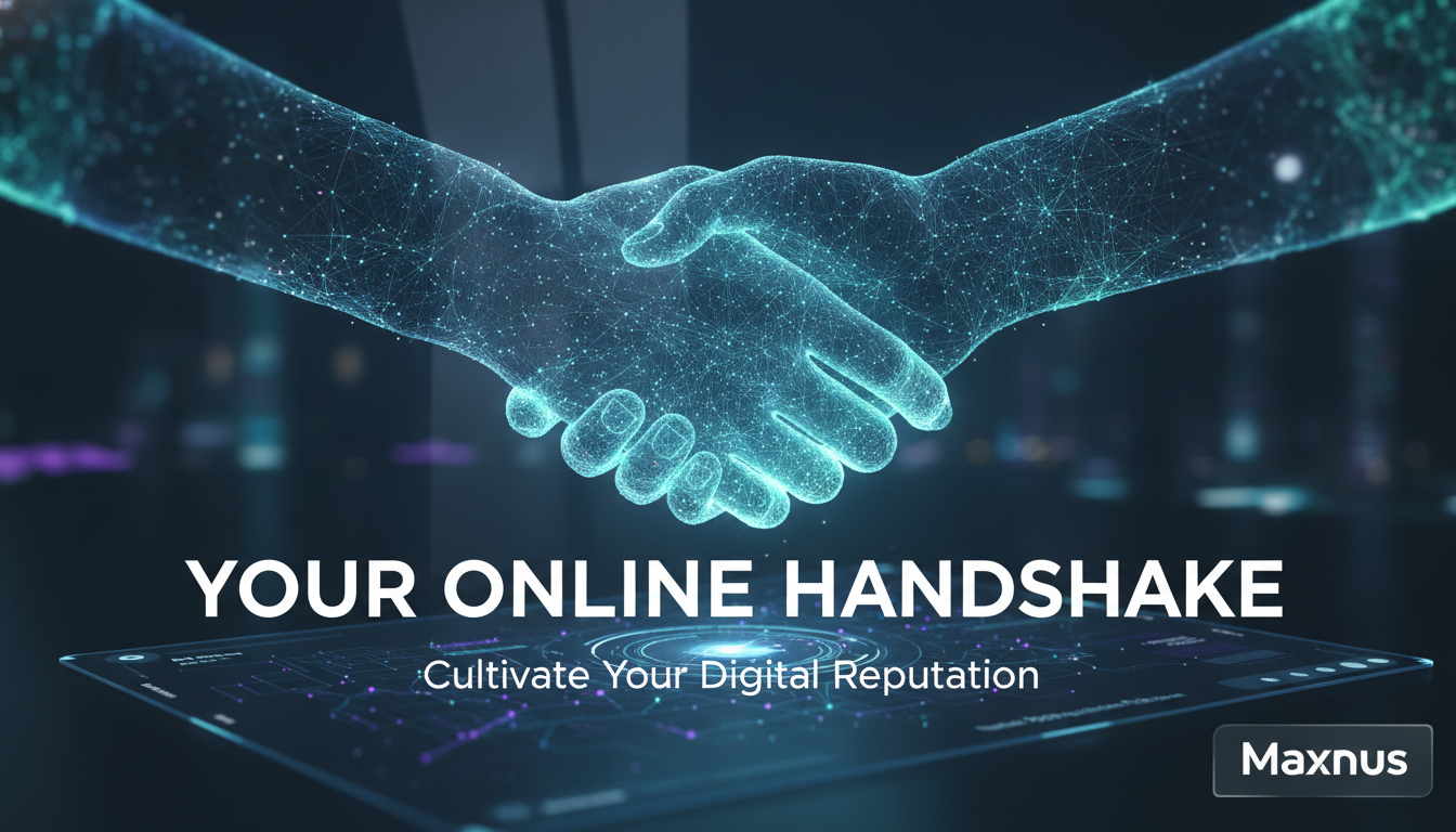 Two hands shaking over a digital interface, symbolizing online reputation and trust