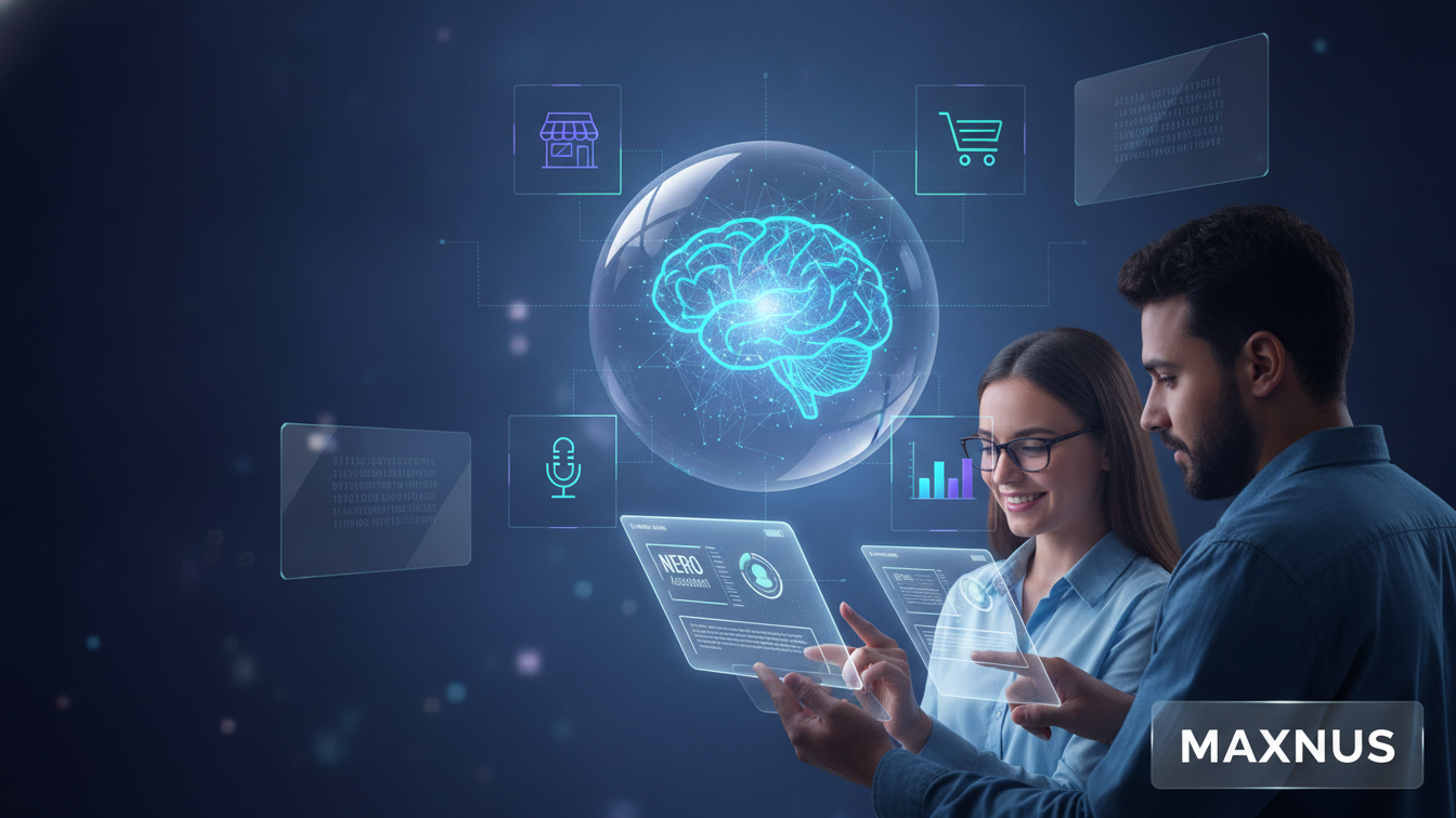 A small business owner using a tablet with AI-powered tools to manage their online presence