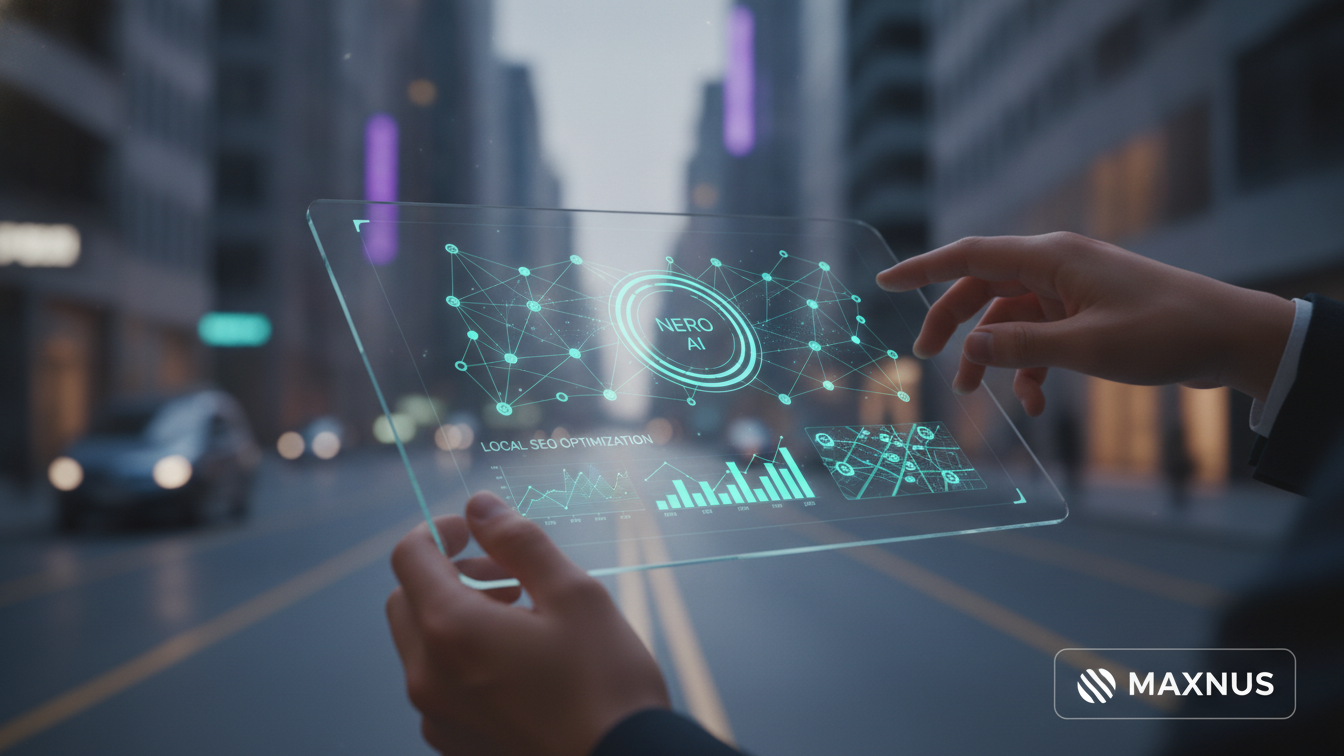NERO AI assistant optimizing local SEO for a small business on a digital map
